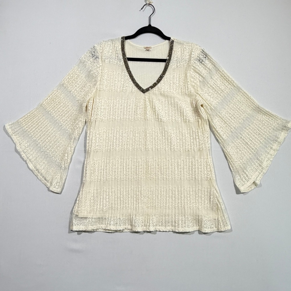 Reba Blouse M Womens Cream Sheer Lace Bell Sleeve Rhinestone Boho Cottagecore